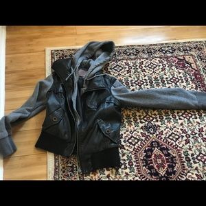 Leather jacket with gray sleeves